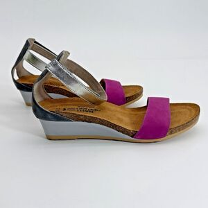 NAOT Women’s Pixie Silv/Slate/Purp Leather Ankle Strap Wedge Sandal Size 38 US 7